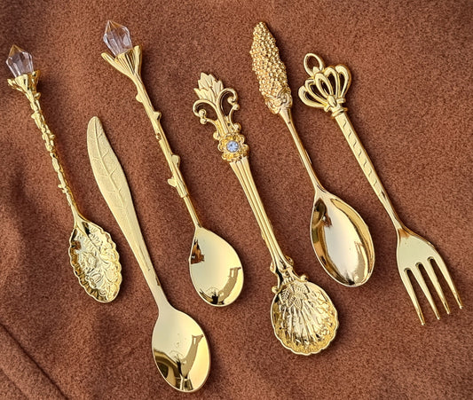 6pcs, Vintage Spoon and Fork set, Mini Royal Style Golden